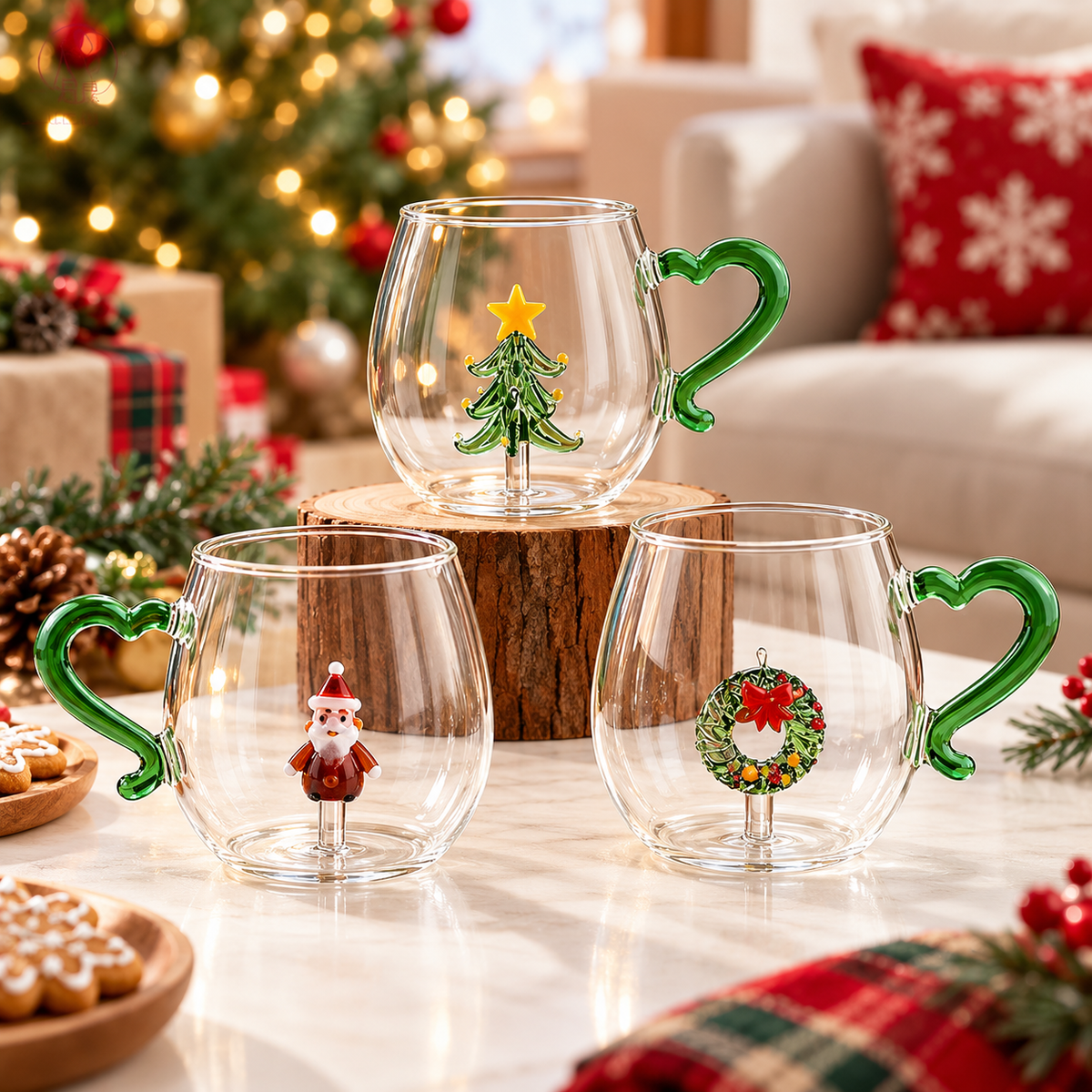 3D Christmas Shaped Glass Mug with Heart Handle, Holiday Coffee Cup, Christmas Gift HA75 919174