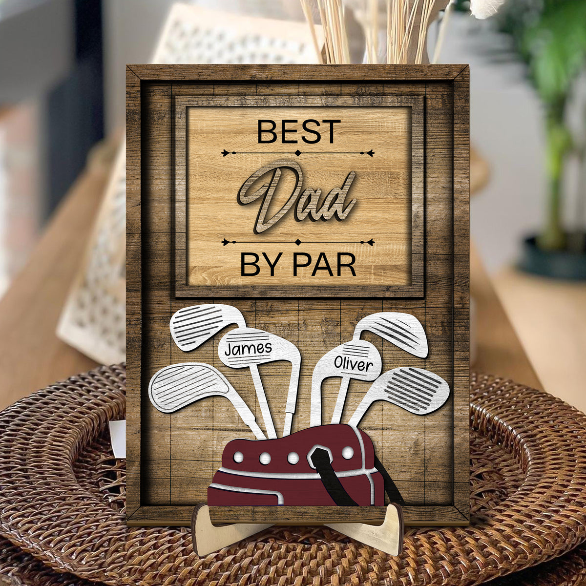 Dad Or Grandpa Golf Best Dad By Par Family 2-Layered Wooden Plaque With Stand Personalized Gift For Father's Day, Dad HO82 894044