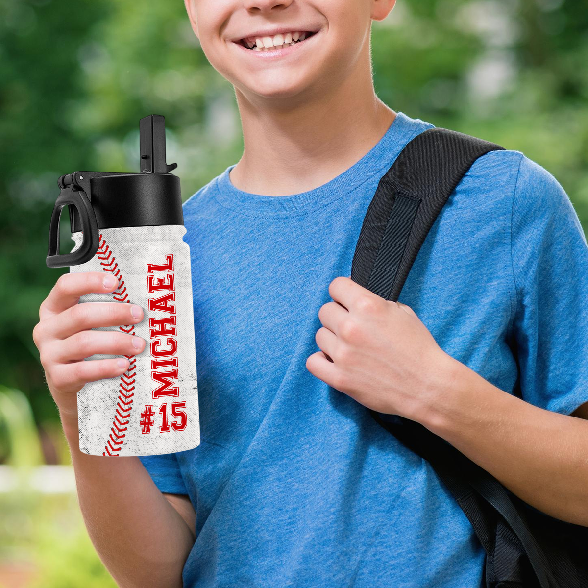 Custom Name And Number Baseball Kid Water Bottle With Straw HA75 892586