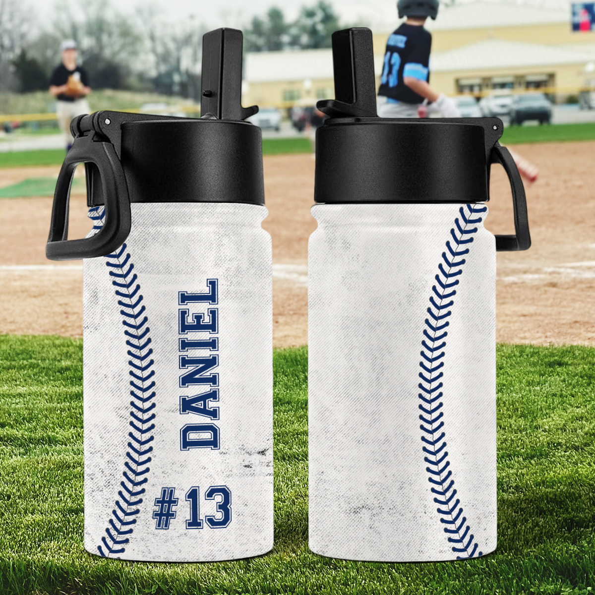 Custom Name And Number Baseball Kid Water Bottle With Straw HA75 892586