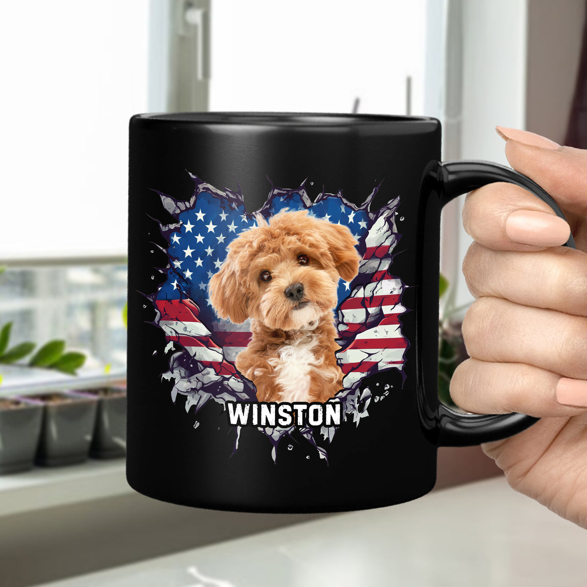 Custom Photo Dog Cat With American Flag Black Mug HA75 920082