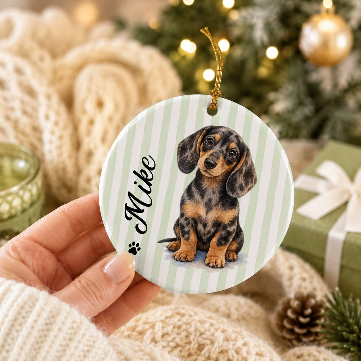 Custom Dog Photo And Name Stripes Ceramic Ornament For Christmas TH10 170749