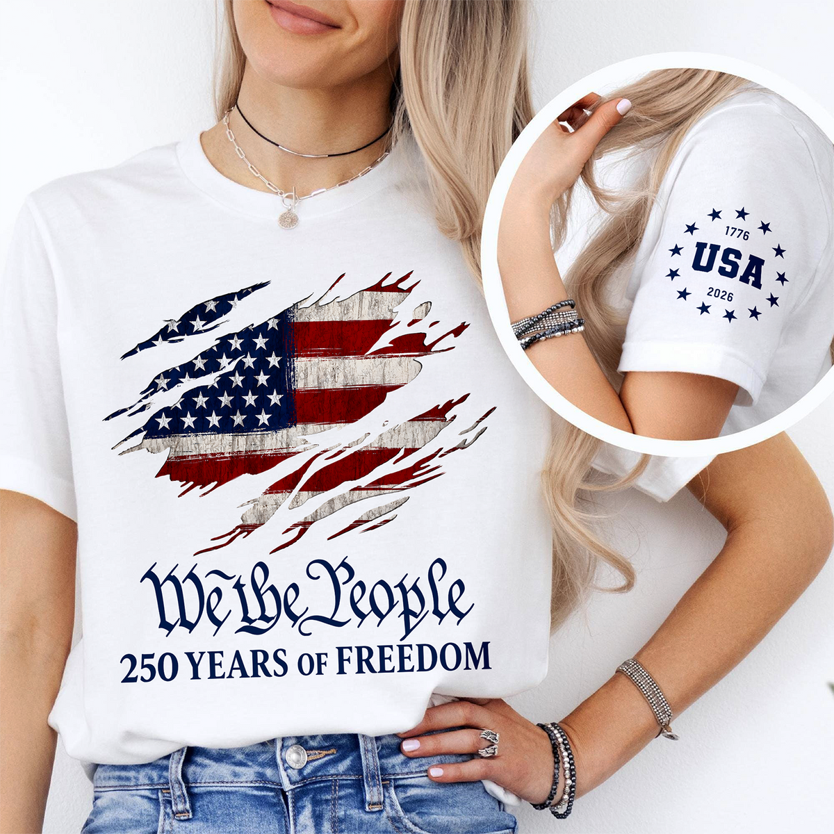 We The People 250 Years of Freedom 1776-2026 America Flag Sleeve Tee Shirt - Patriotic Gift LM32 669353