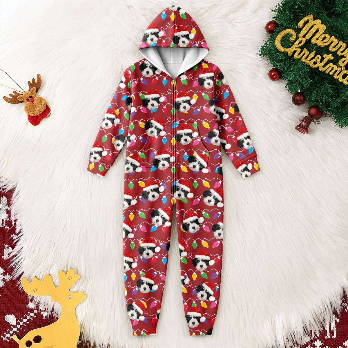 Custom Dog Face Photo With Colorful Christmas Lights Onesie Pajamas HO82 900200