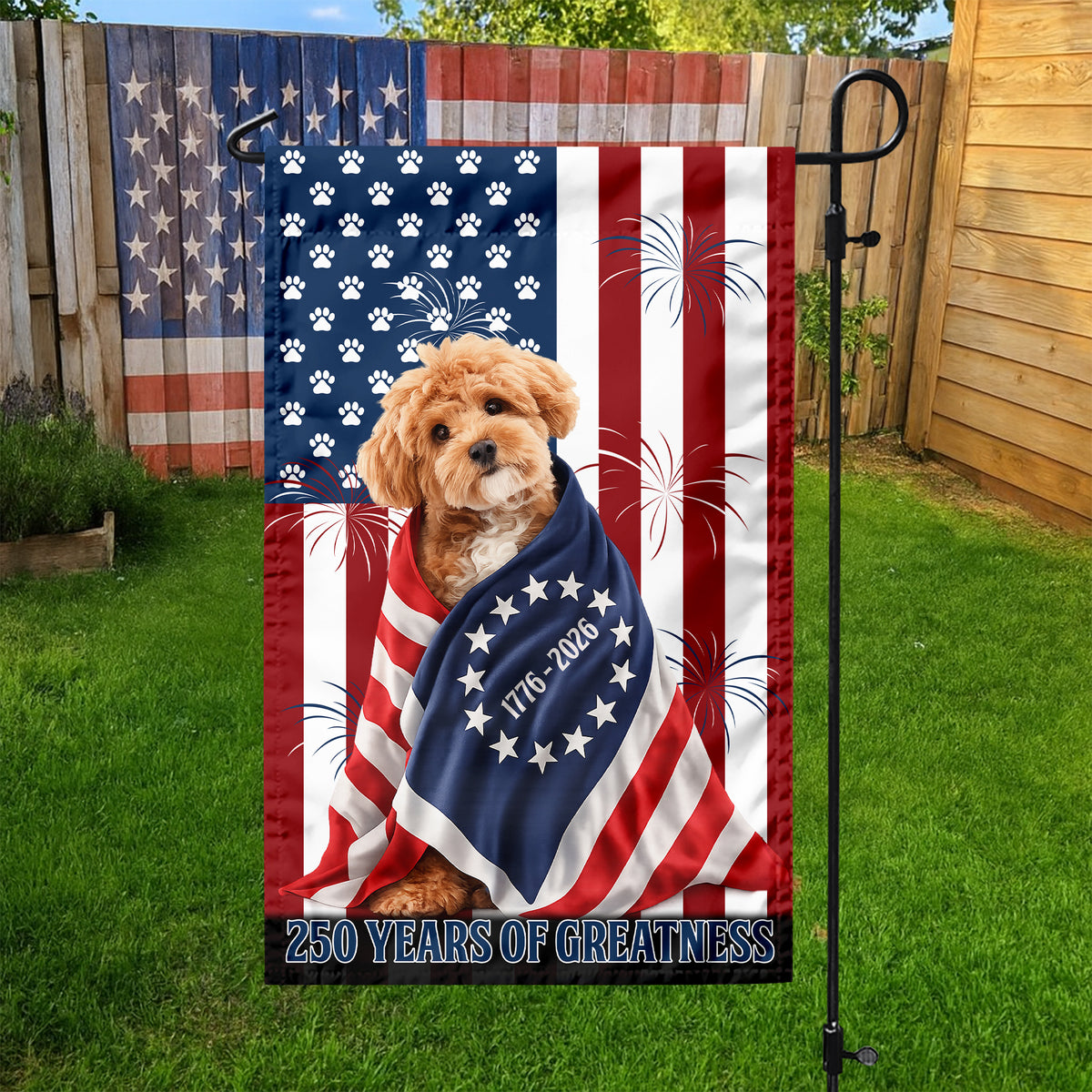 Custom Photo My Dog, Cat Loves America 250 Patriotic Garden Flag HA75 898908