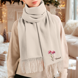 Personalised Name Birth Flower Soft Warm Tassel Scarf, Winter Accessory Anniversary Birthday Gift for Women Men HO82 900752