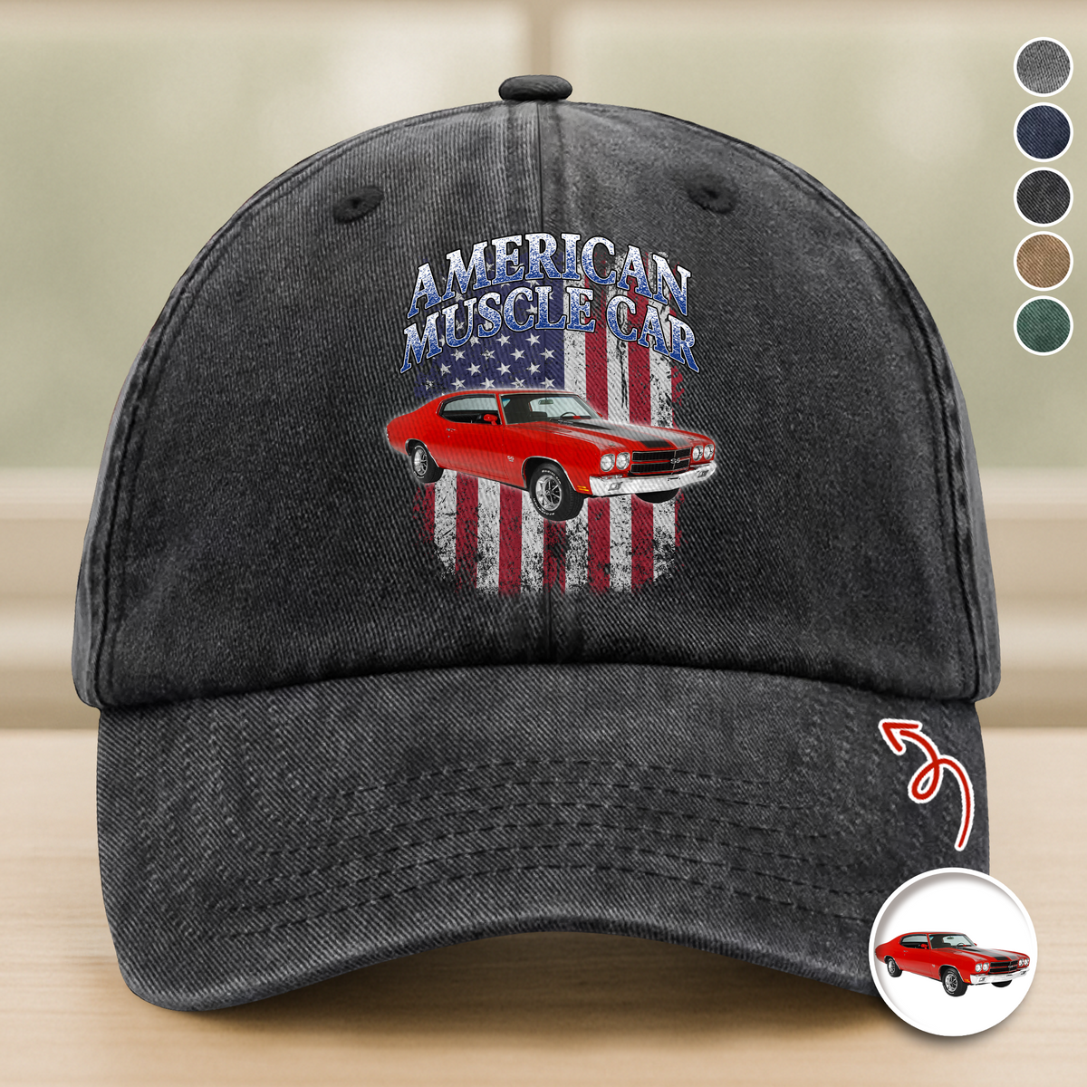 Custom Car Photo USA Flag Washed Denim Baseball Cap CH07 896514