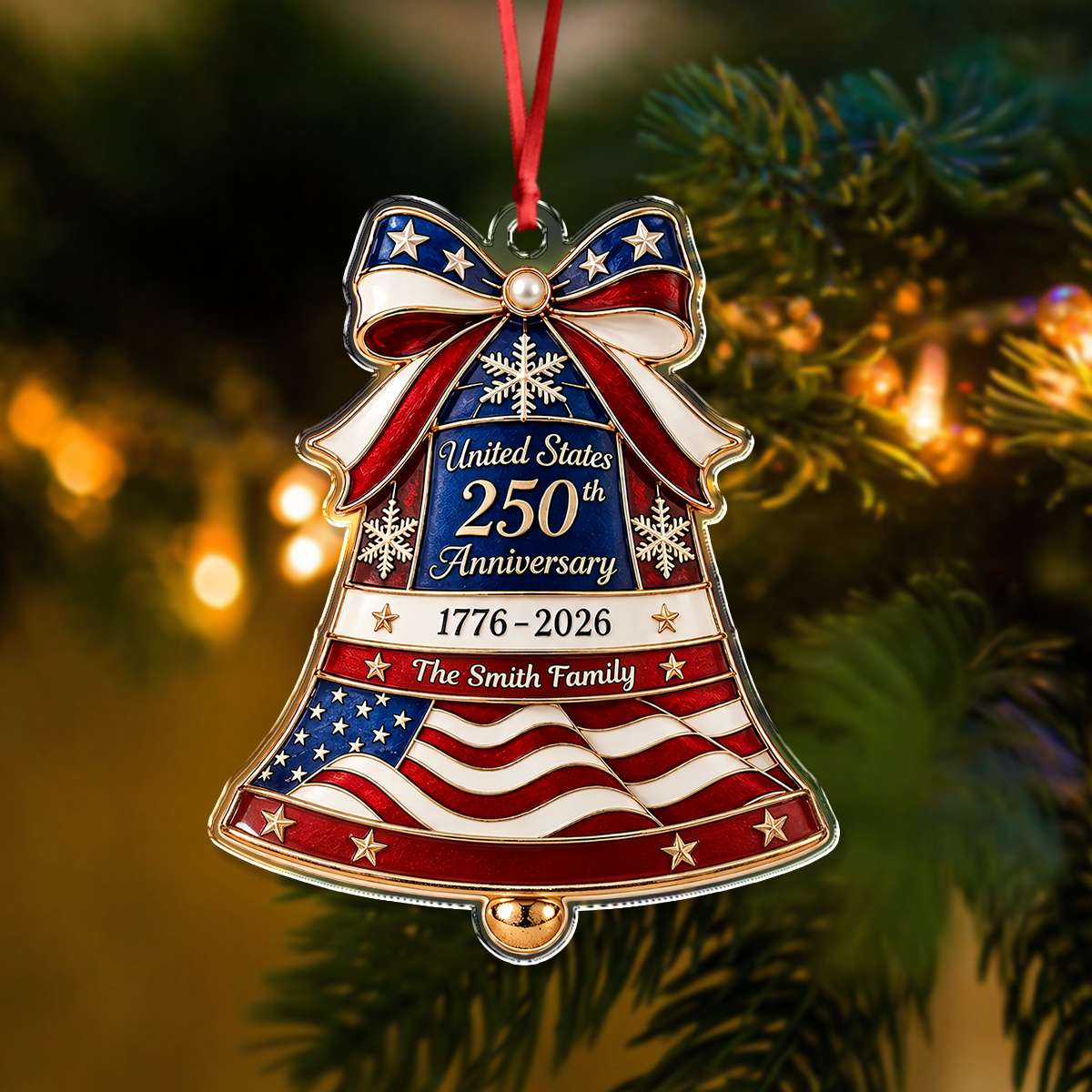 Custom Family Name USA 250th Anniversary Liberty Bell Acrylic Ornament Christmas Tree Decor, Patriotic Keepsake Gift HA75 919354