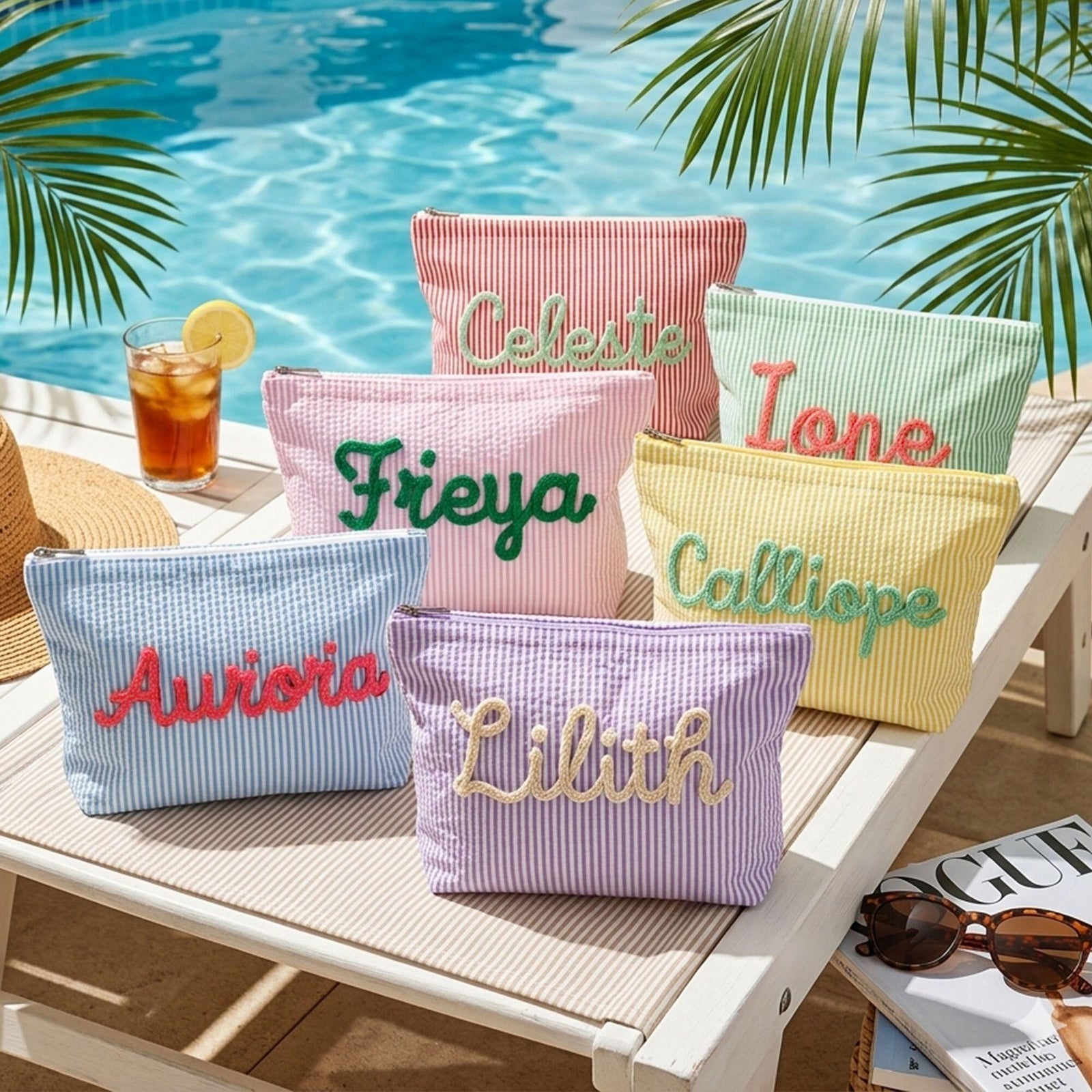 Personalized Name Seersucker Makeup Bag - Gift For Mom, Girlfriend, Women, Summer Gift HO82 902064