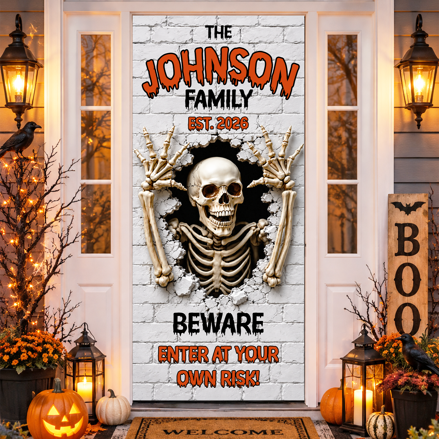 Custom Family Name Skeleton Beware Door Cover Halloween Door Decor LM32 670005