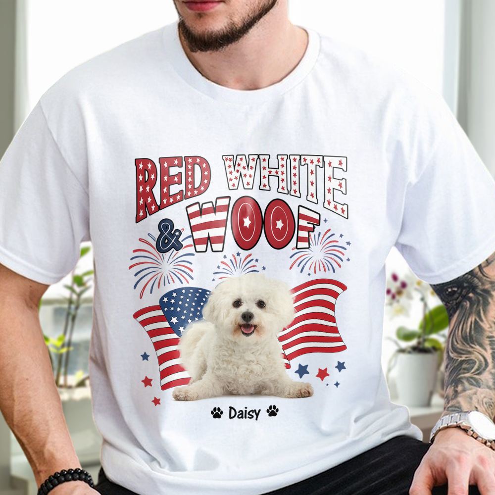 Custom Dog Photo Red White Woof Bright Shirt LM32 893723