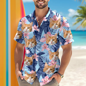 Custom Photo Funny Face Cat Family Vacation Tropical Pattern Hawaii Shirt HA75 892310