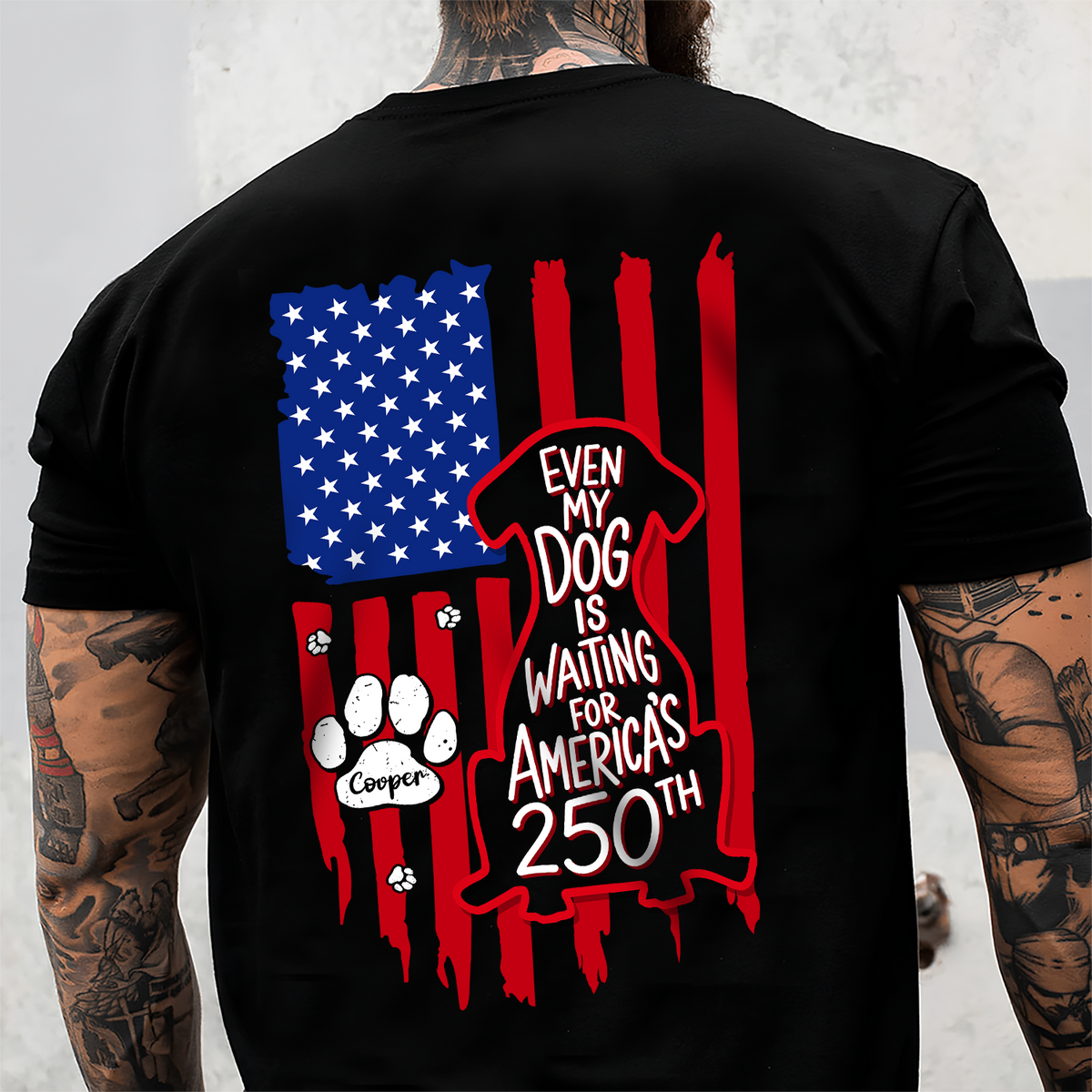 Personalized Even My Dog Is Waiting For America's 250th With US Flag Back Dark Shirt - Gift For Dog Lovers HO82 902864