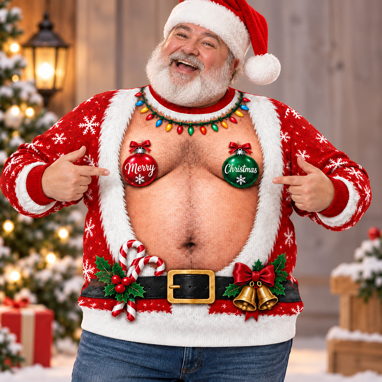 Funny Hairy Santa Belly Boobs Merry Christmas Ugly Sweater LM32 670087