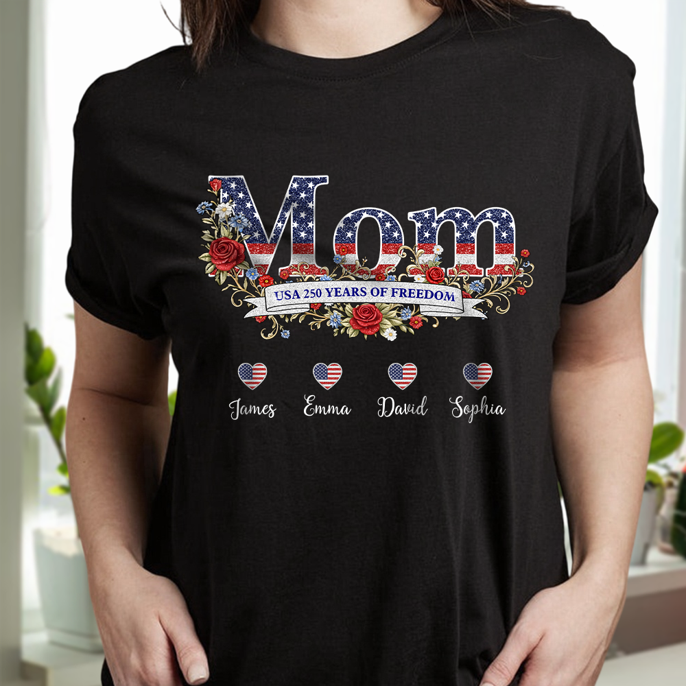 Custom Kids Names Mom USA 250 Years of Freedom 1776–2026 Patriotic Floral Dark Shirt Gift for Mom CH07 911040
