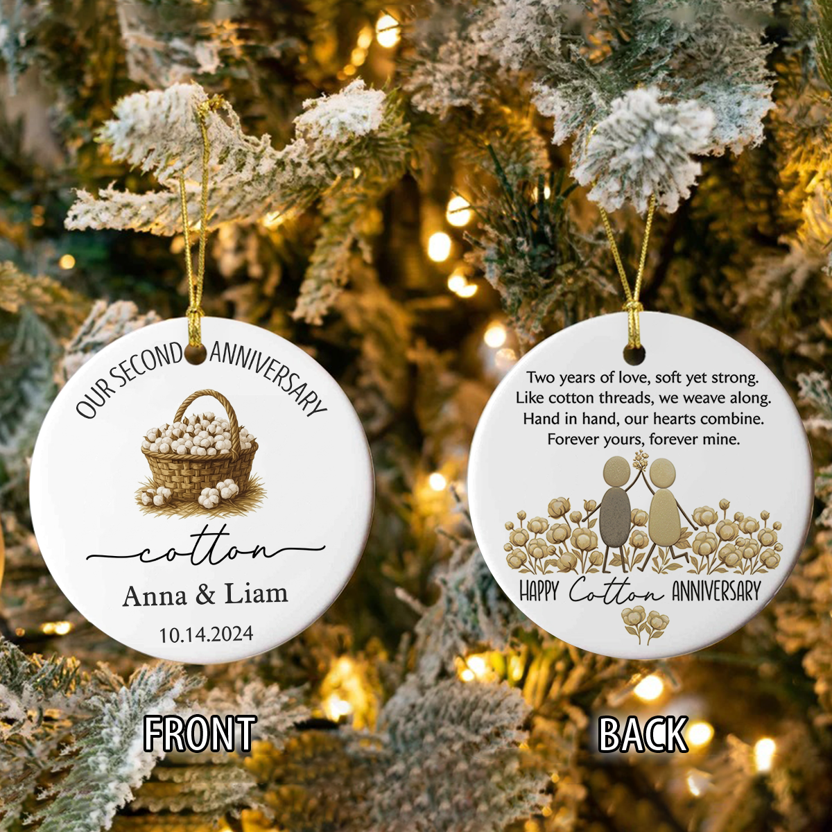 Personalised Cotton Anniversary 2 Sided Ceramic Ornament, Cotton Wedding Anniversary Gift LM32 670063