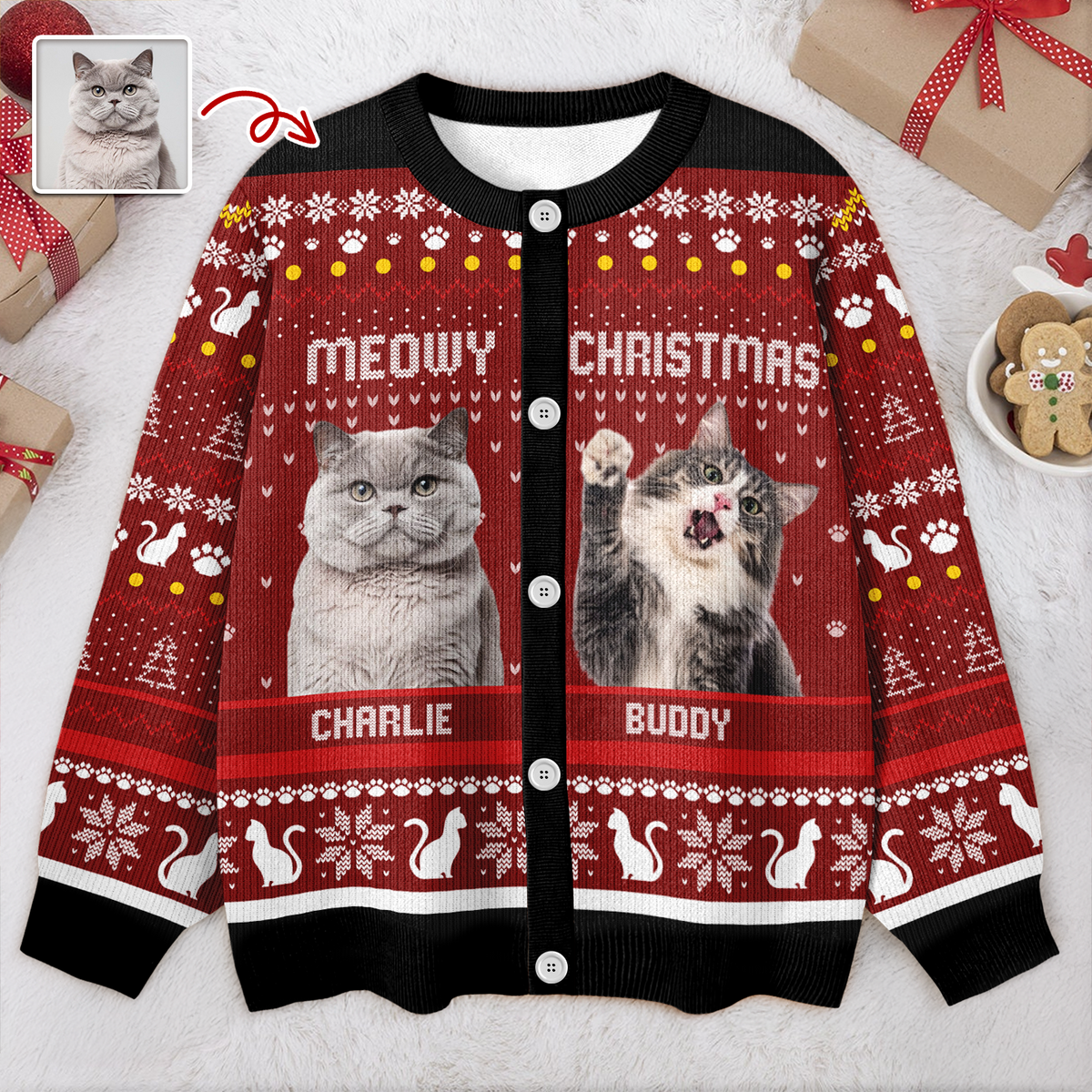 Custom Photo Meowy Christmas Ugly Cardigan For Cat Lover TH10 896575