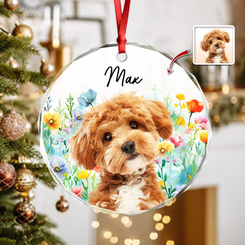 Custom Pet Photo With Watercolor Wildflowers For Dog And Cat Lovers Glass Ornament TH10 894249