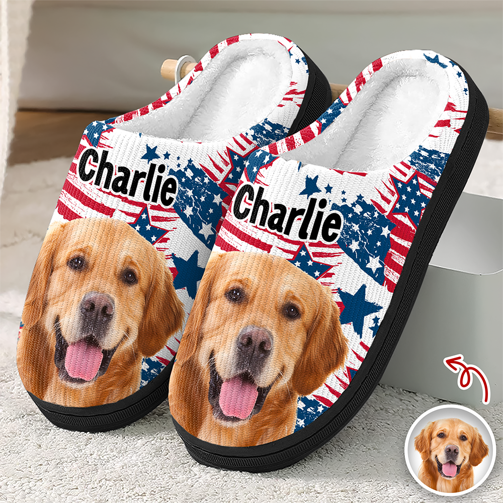 Custom Cute Dog Photo American Flag Christmas Pattern Slippers For Dog Lovers LM32 893881