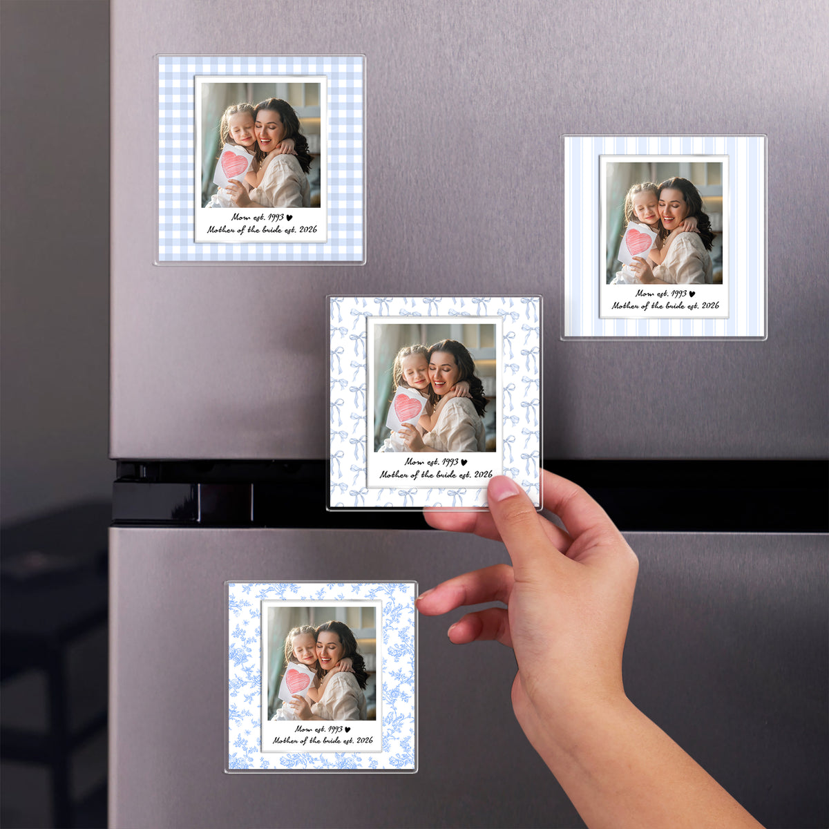 Custom Photo Floral Gingham Bow Stripe Mother EST Year Magnet Gift For Mother, Grandma, Nana LM32 899917