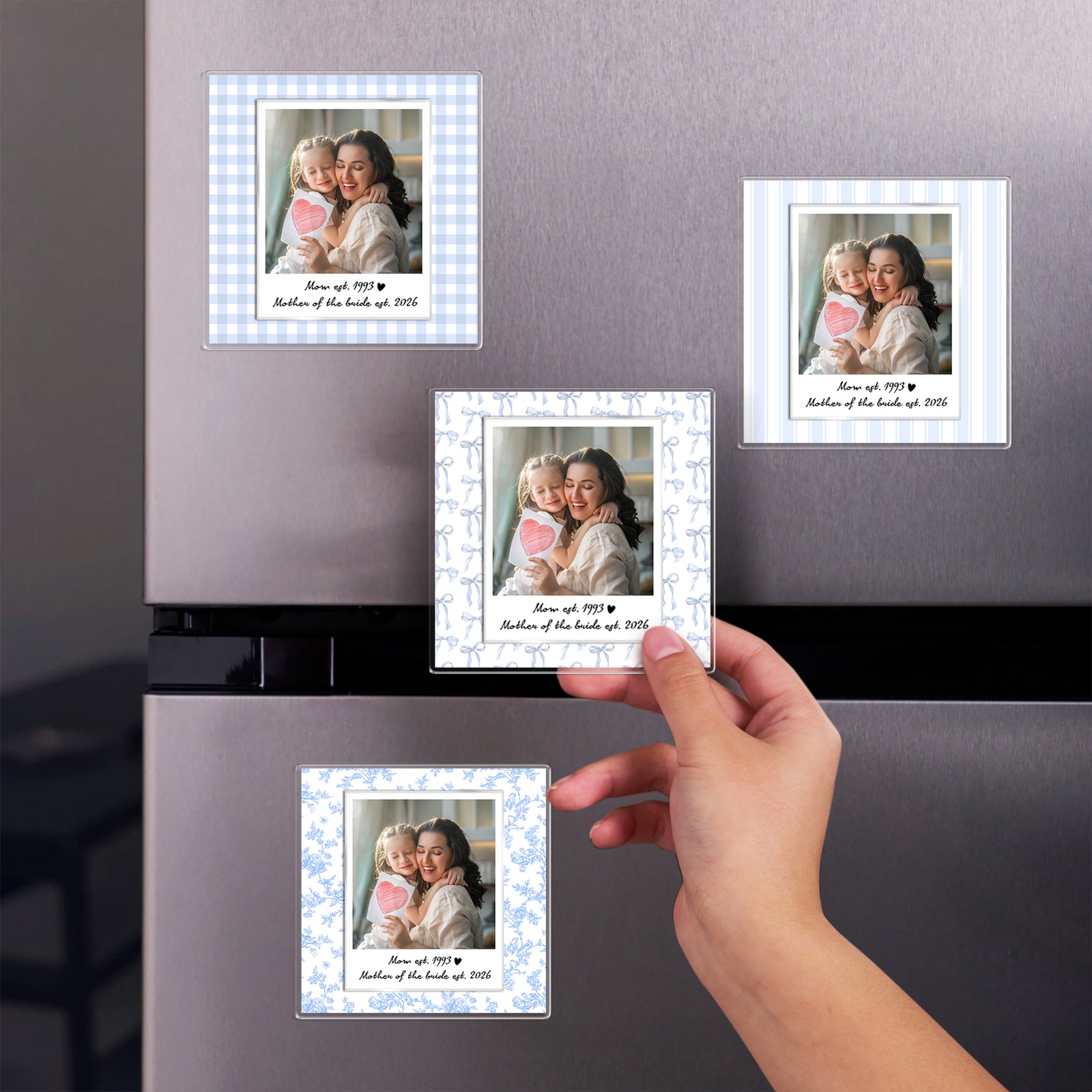 Custom Photo Floral Gingham Bow Stripe Mother EST Year Magnet Gift For Mother, Grandma, Nana LM32 899917