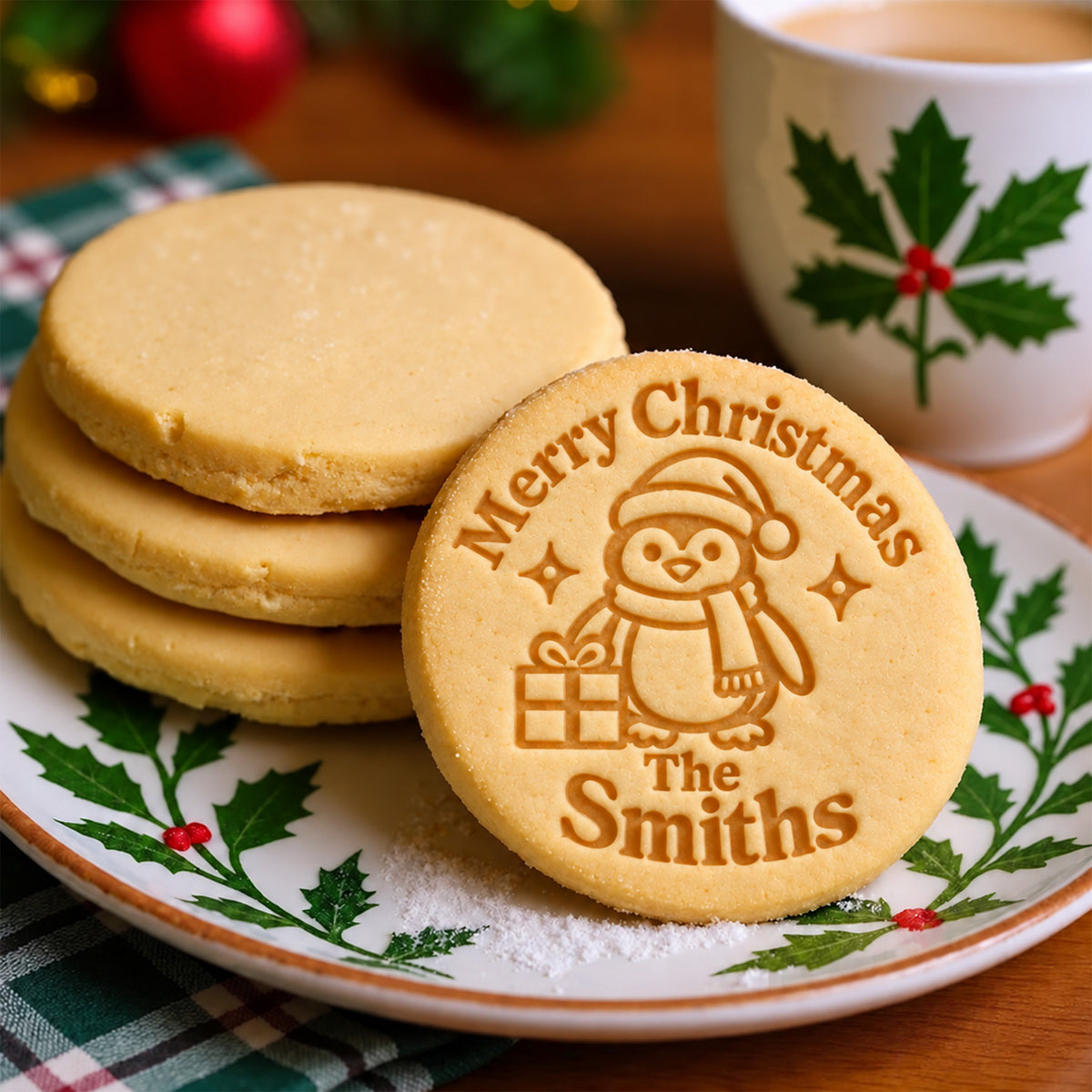 Personalized Family Name Christmas Cookie Stamp – Cute Penguin, Snowman & Reindeer Holiday Baking Stamp CH07 181096
