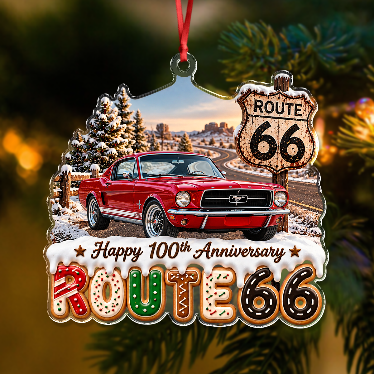 Custom Photo Car Happy 100th Anniversary Route 66 Acrylic Ornament, Personalized Christmas Tree Decoration Gift For Car Lovers LM32 670289