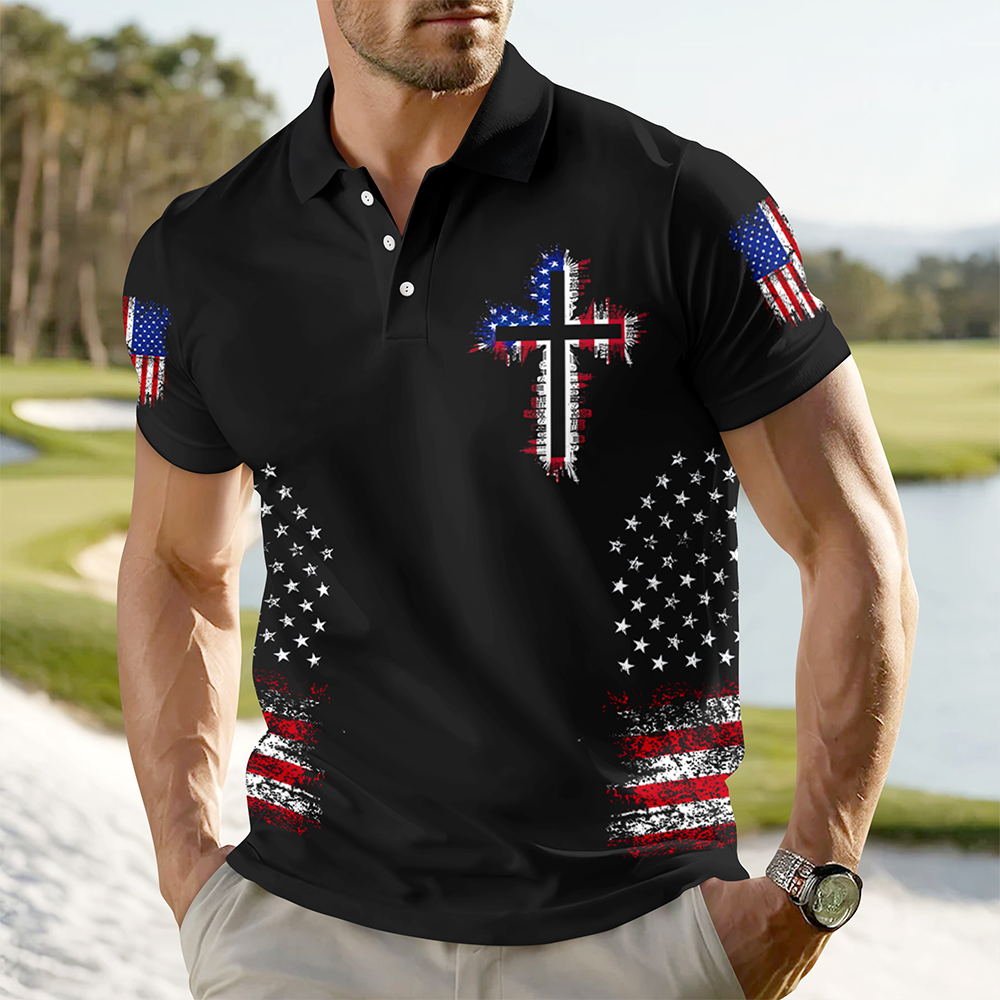 Personalized American Flag Cross Polo Shirt – Christian Faith Patriotic Shirt for Men LM32 899601