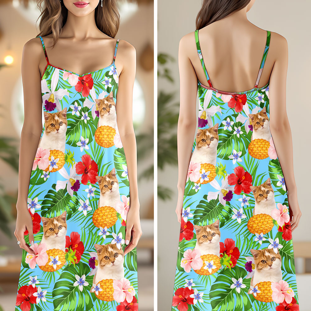 Custom Photo Cat Women's V-Neck Cami Maxi Dress HO82 893618