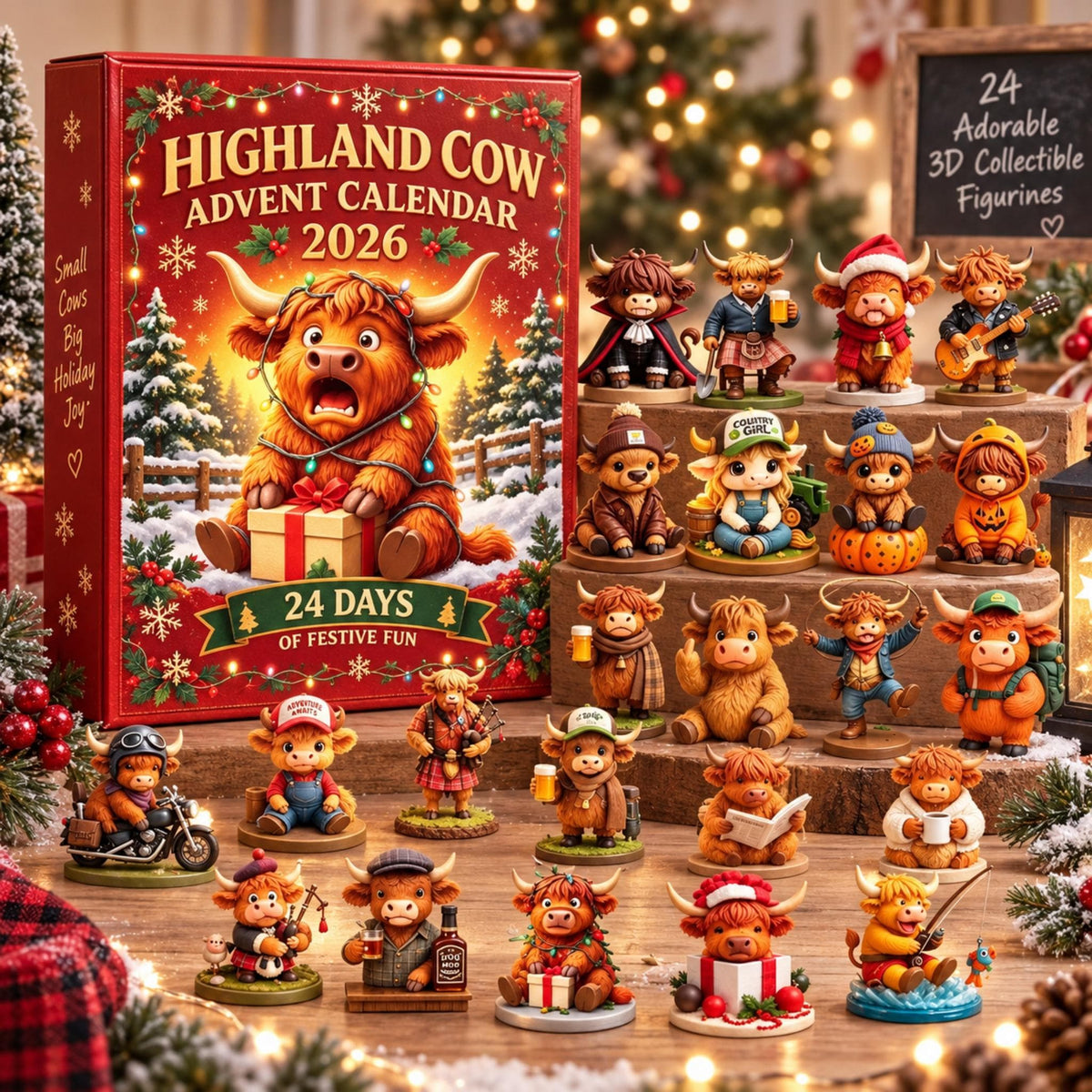 24 Days Christmas Highland Cow Advent Calendar 2026, Figurines Farmhouse Holiday Decor LM32 670173