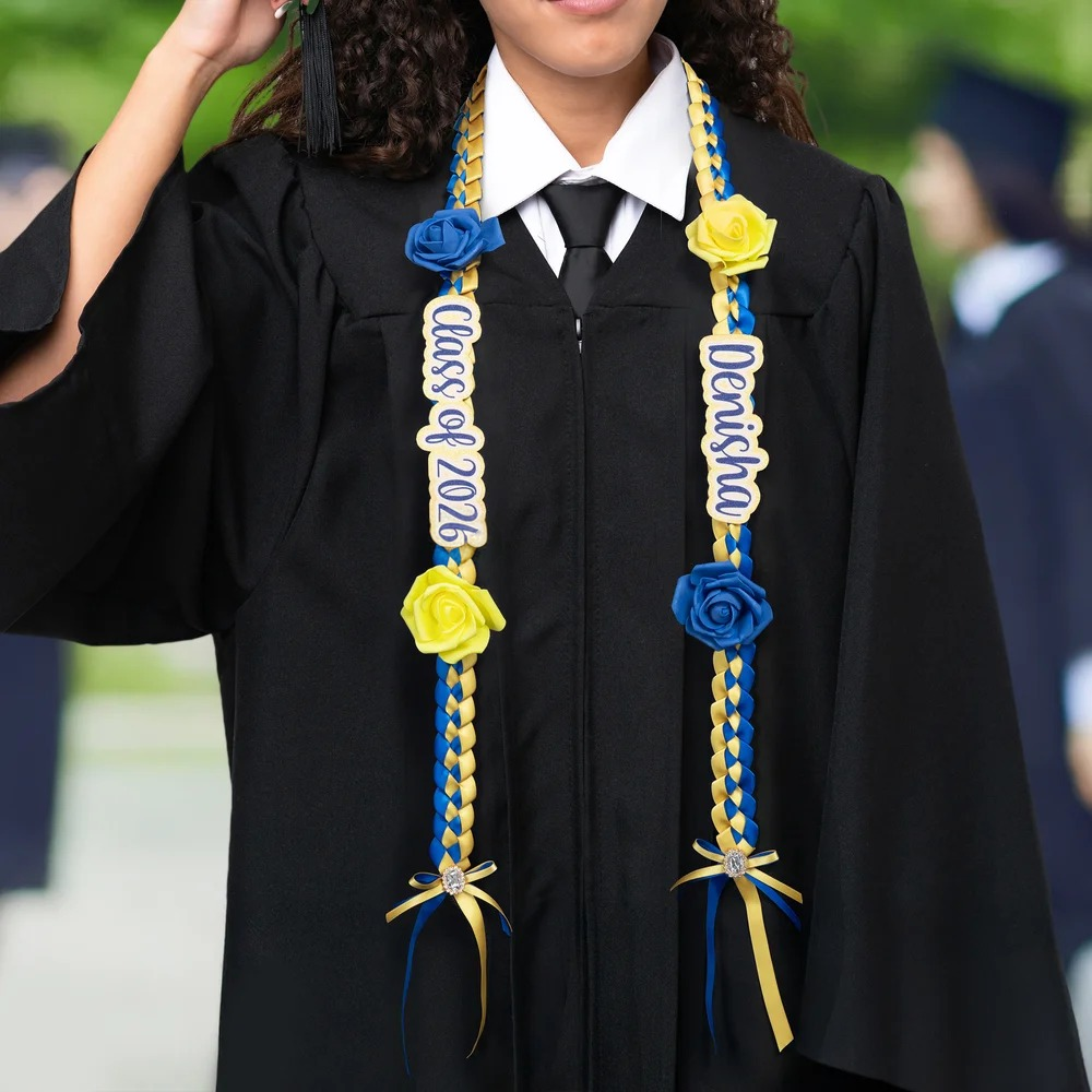 Personalized Class of 2026 Rose Rhinestone Two-Colored Braided Graduation Ribbon Lei with Texts Graduation Party Decor Gift for Graduates TH10 898335