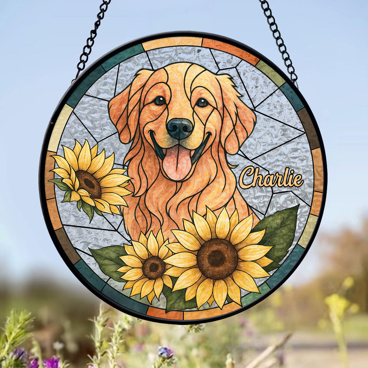 Custom Dog Photo With Sunflower Memorial Stained Glass Suncatcher, Pet Loss Gift HO82 894326