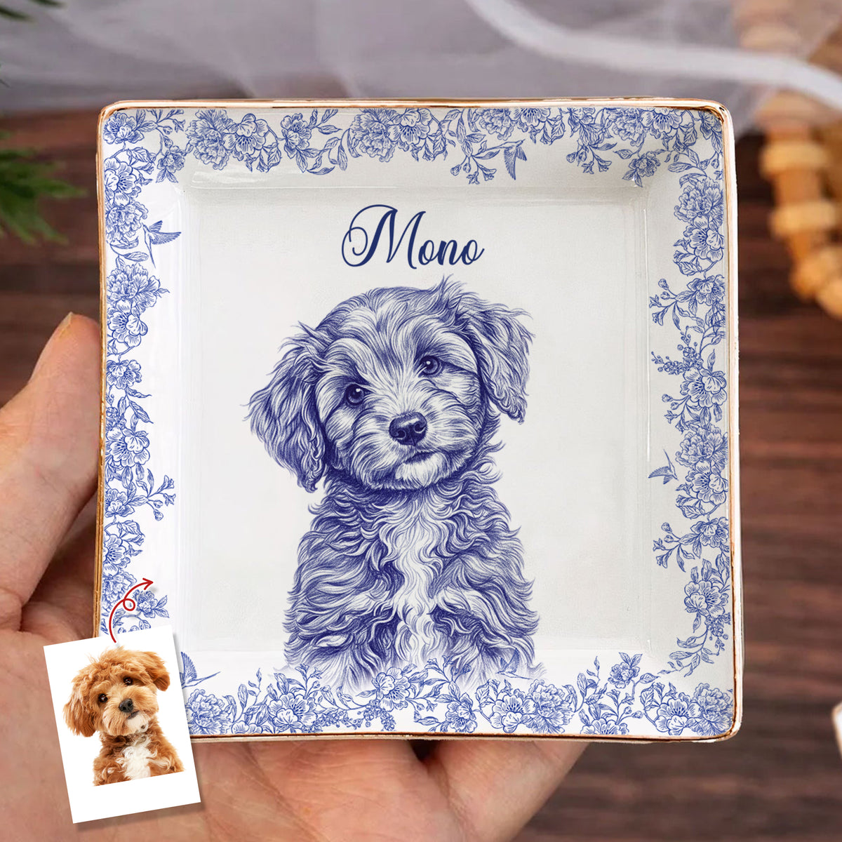 Custom Photo Dog Cat Toile De Jouy Style Jewelry Dish HA75 898320