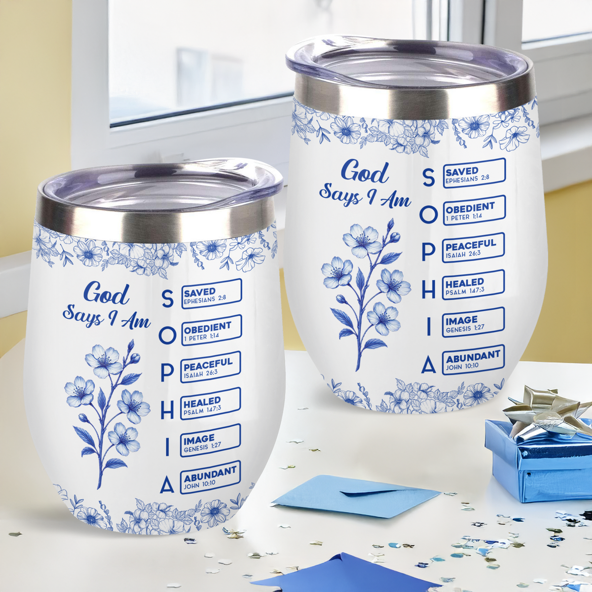 God Says I Am Name Letter In Bible Toile De Jouy Style - Personalized Wine Tumbler CH07 896826