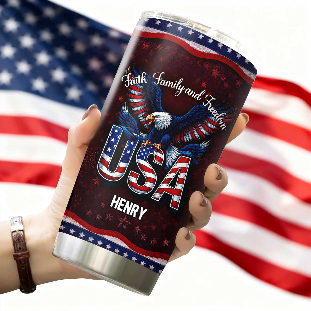 Custom Name Faith, Family & Freedom America 250 Years Anniversary Fat Tumbler 1776–2026 CH07 910590