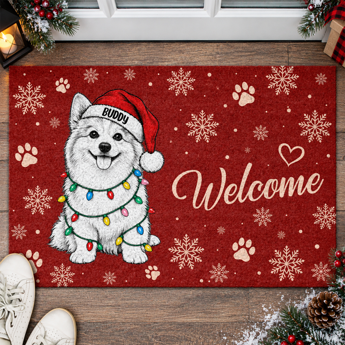 Custom Dog Photo Christmas Light Welcome Doormat CH07 180602