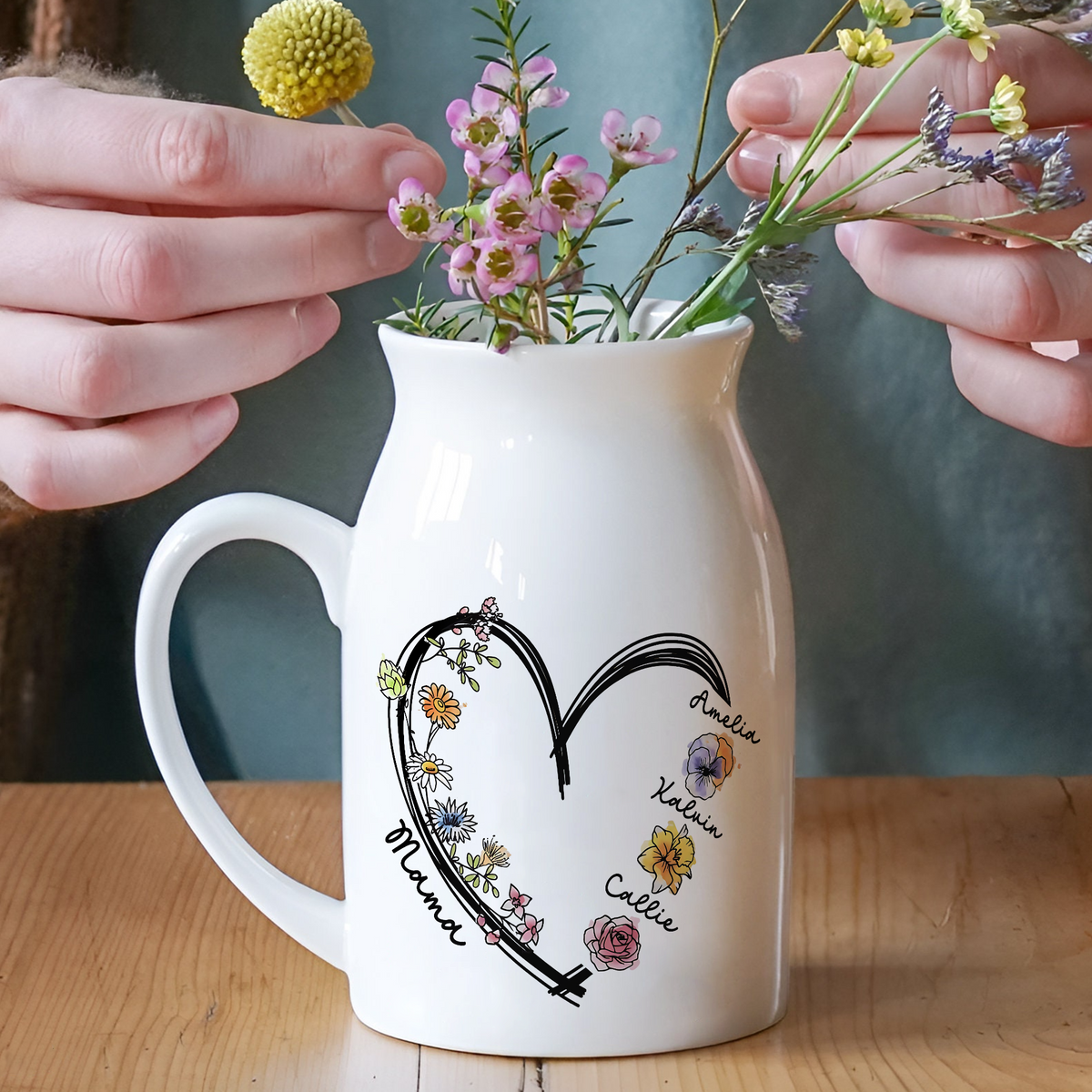Personalized Names & Birth Flowers Vase with Heart, Mother's Day, Birthday Gift CH07 910886