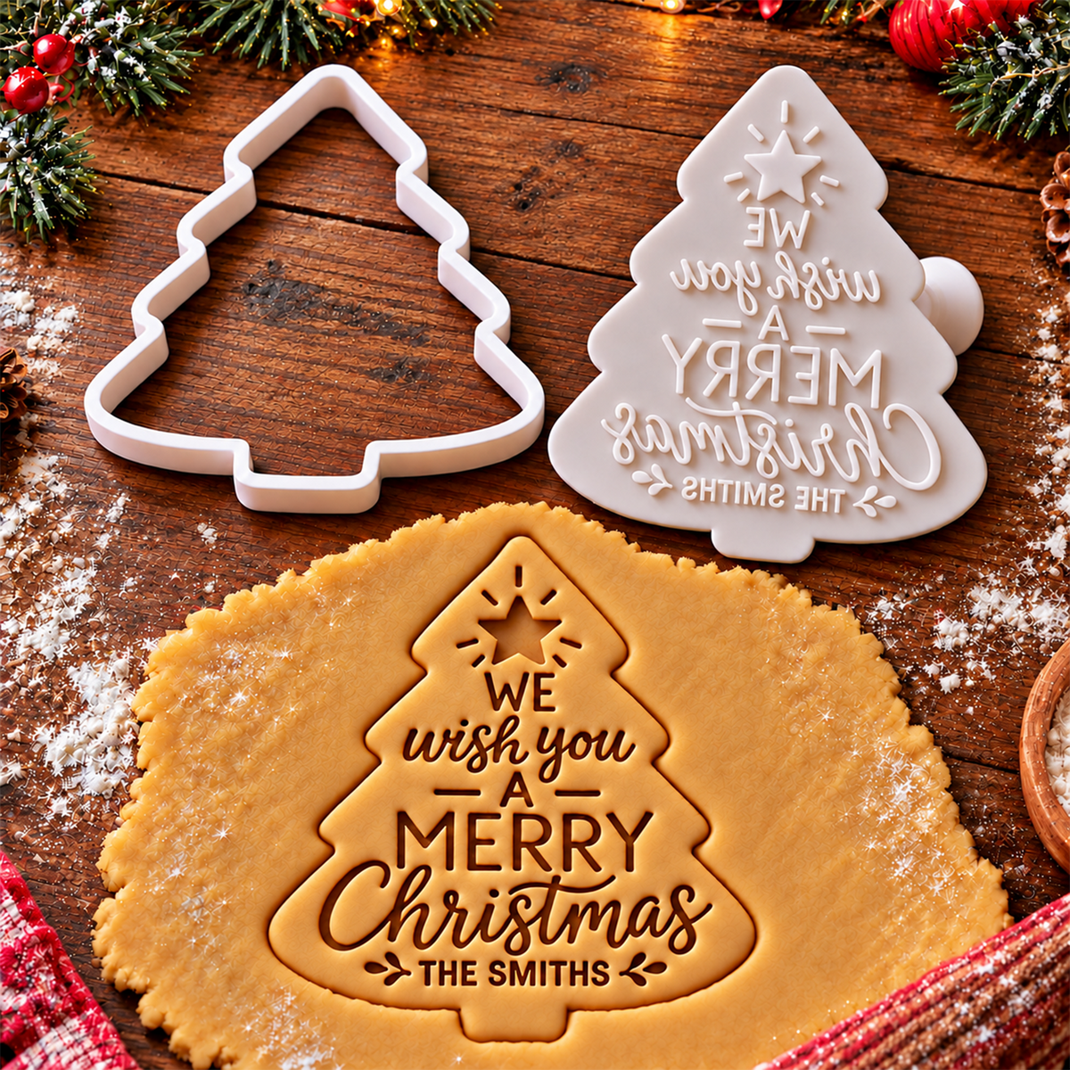 Personalized Family Name We Wish You A Merry Christmas Shaped Cookie Stamp, Holiday Baking Gift HA75 919624