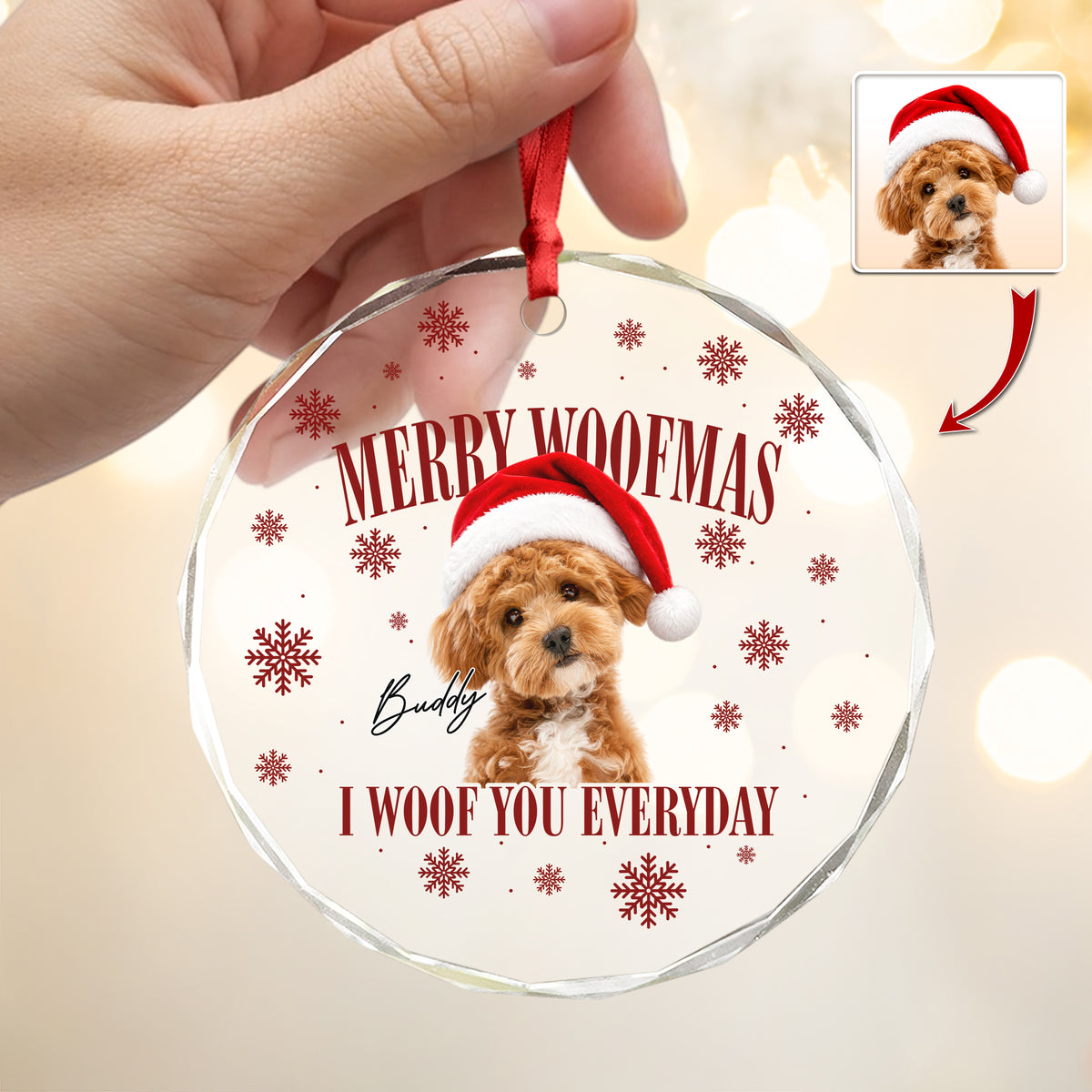 Custom Dog Photo Merry Woofmas Glass Ornament - Gift For Christmas, Dog Lovers Gift HO82 903312