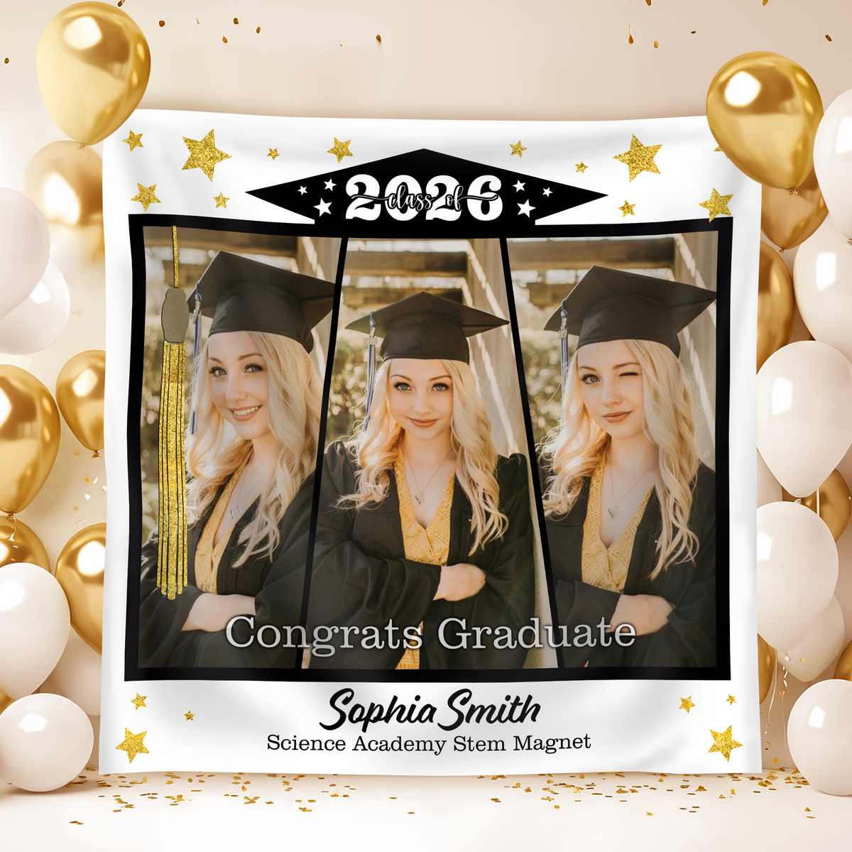 Custom Photo Class of 2026 Glitter Stars Graduation Backdrop, Personalized Congrats Graduate Party Decor LM32 899357