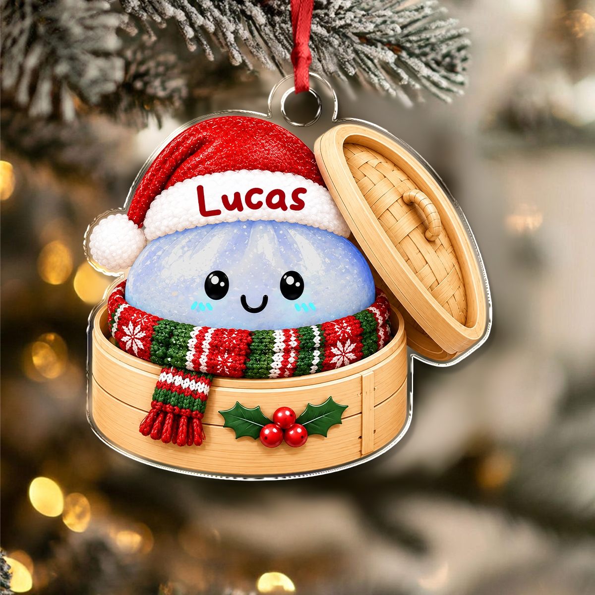 Personalized Glitter Dumpling Bamboo Steamer Christmas Acrylic Ornament, Festive Family Keepsake HO82 903652