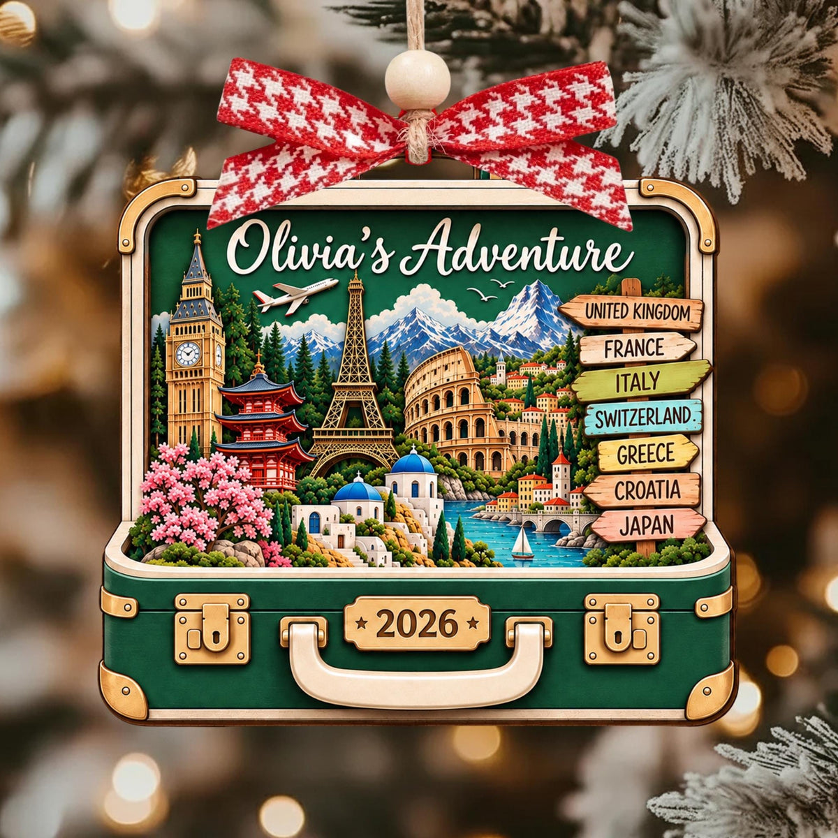 Personalized Travel Suitcase Christmas Wooden Ornament, Adventure Keepsake LM32 670681