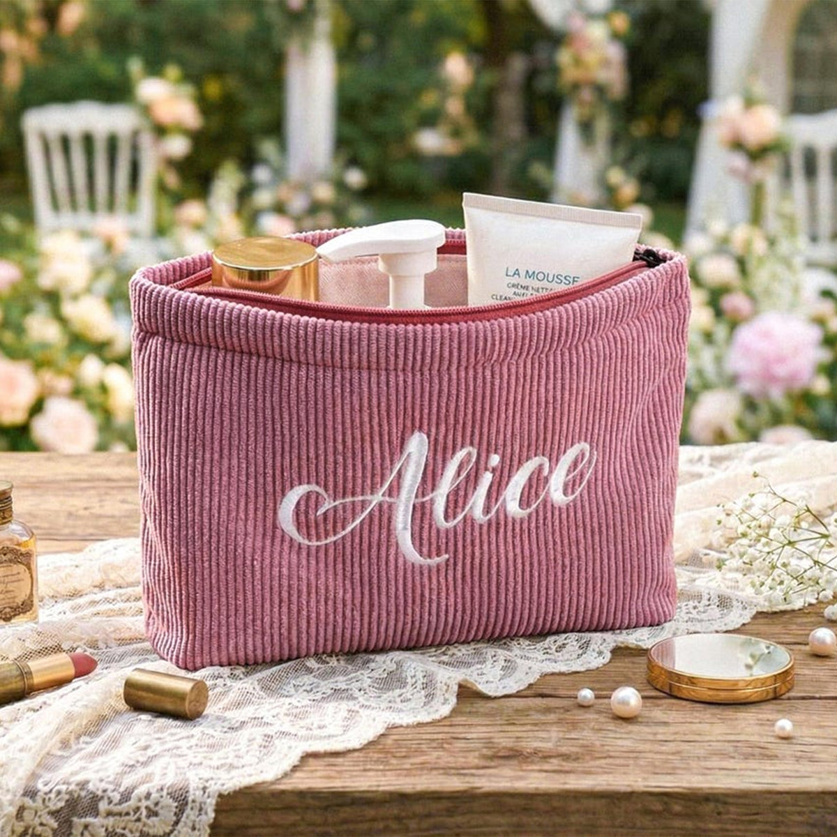 Personalized Name Embroidered Corduroy Makeup Bag - Gift For Mom, Girlfriend, Women, Summer Gift HO82 902190