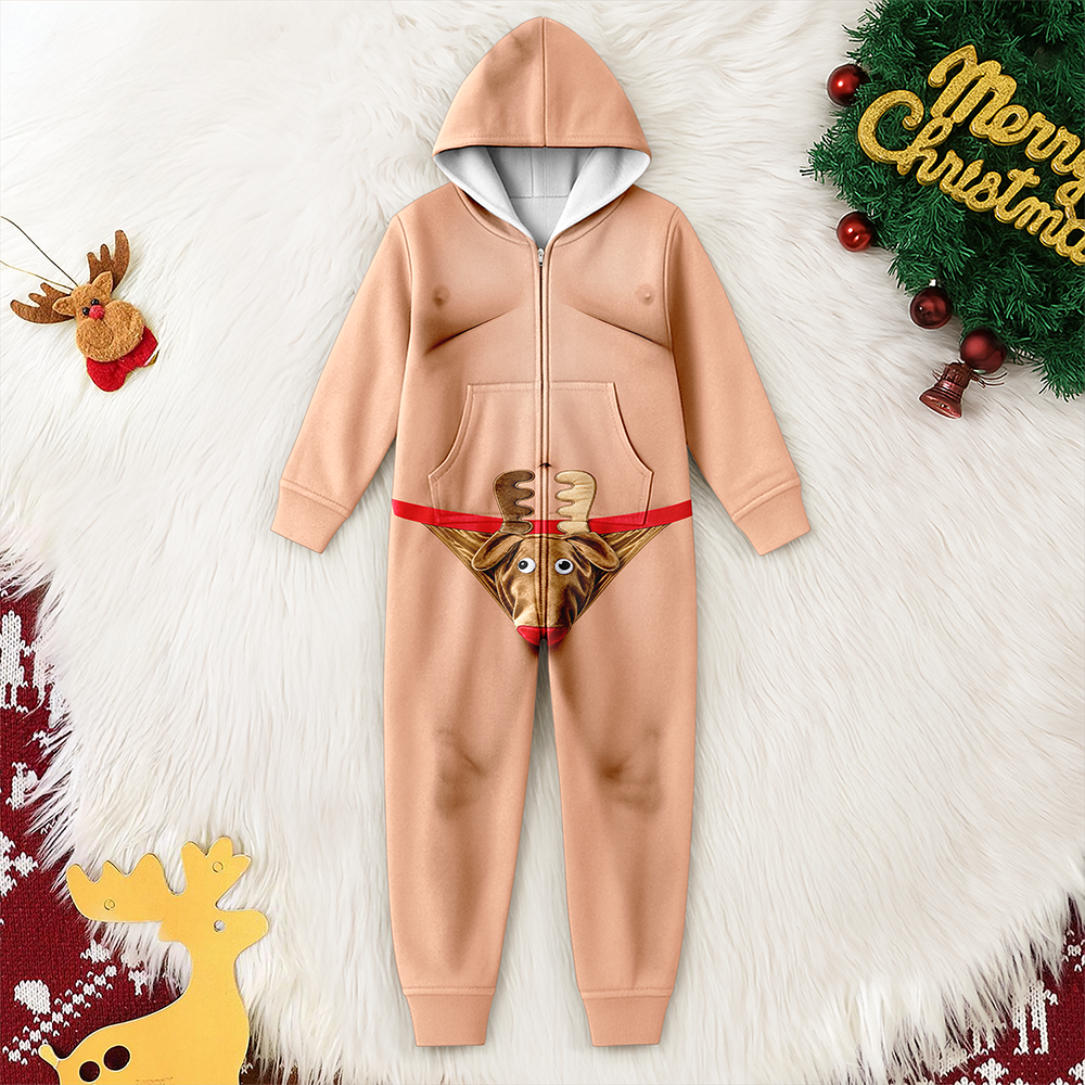 Fake Underwear Reindeer Hairy Body Onesie Pajamas Funny Christmas Gag Gift CH07 180586