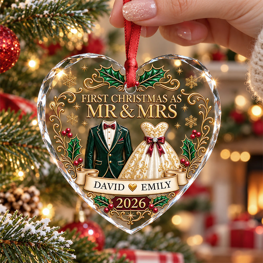 Personalized 2026 First Christmas As Mr & Mrs Heart Glass Ornament, Holiday Decoration Gift CH07 180714