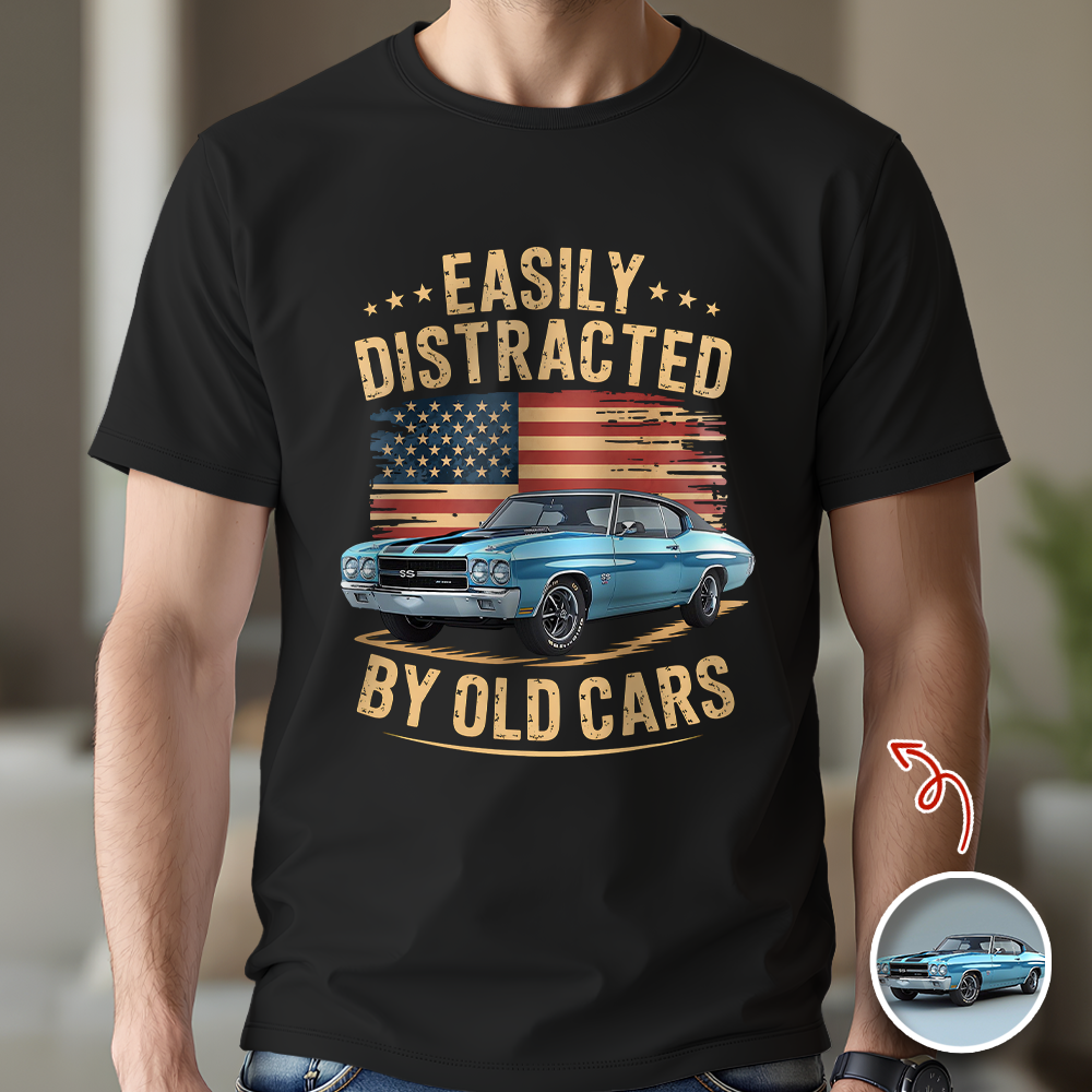 Custom Photo Easily Distracted by Old Cars Classic Car Guy Funny Vintage Dark Shirt CH07 180032