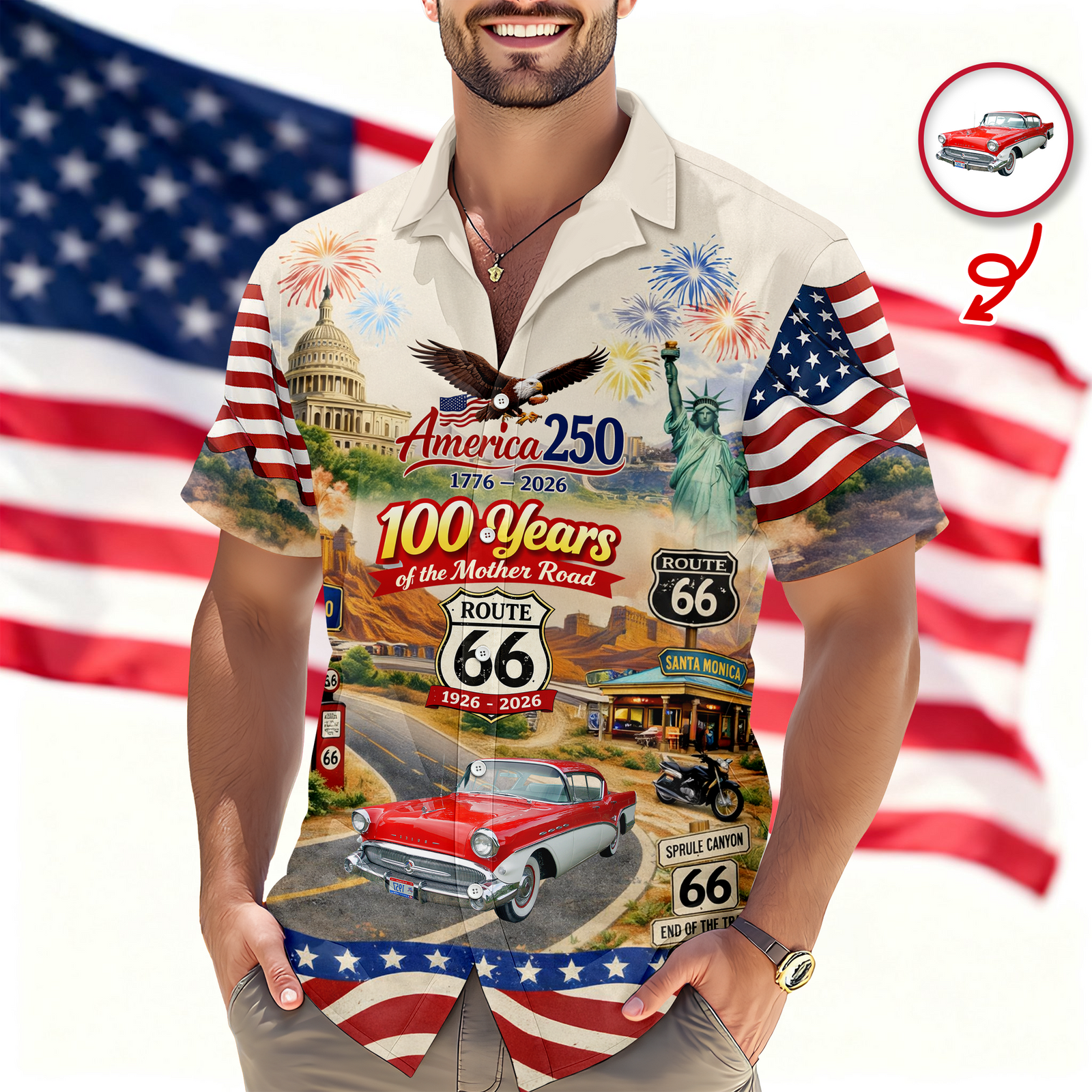Celebrate 100 Years of Road Route 66 and America 250th Anniversary Custom Car Photo Hawaiian Shirt CH07 910510