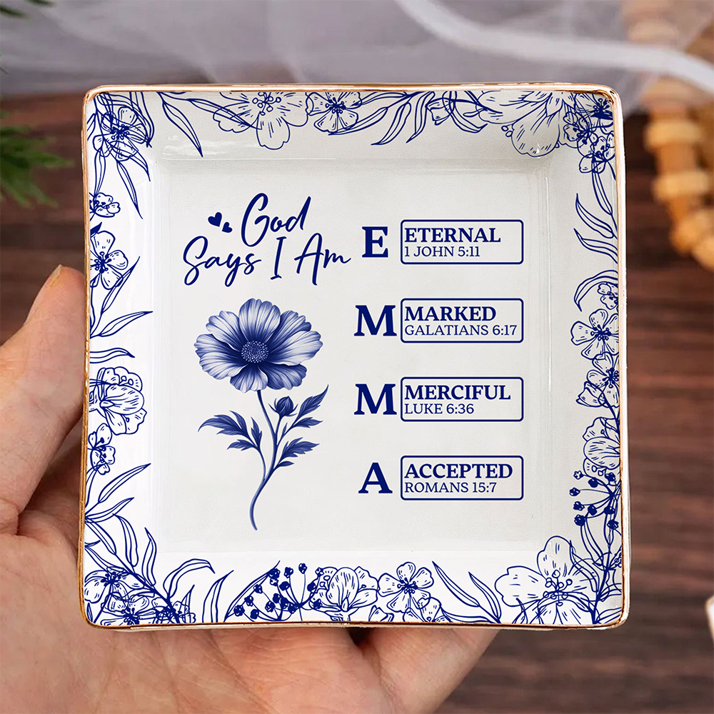 God Says I Am Personalized Name Initial Bible Toile De Jouy Jewelry Dish Gift LM32 895365