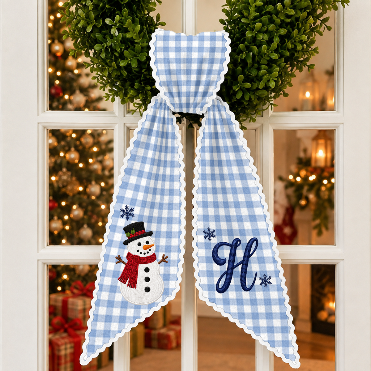 Personalized Letter Name Snowman Christmas Embroidered Wreath Sash, Festive Holiday Door Decor LM32 670205