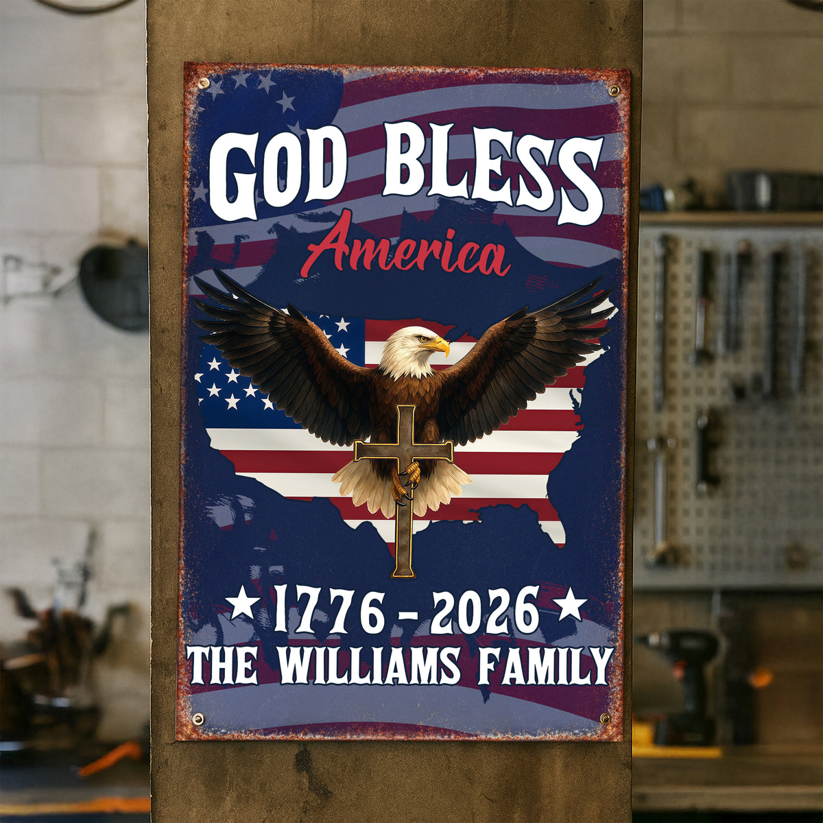 Custom Family Name God Bless America Eagle 1776–2026 Patriotic Metal Sign HA75 920120